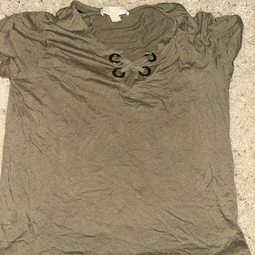 Michael Kors Olive Short Sleeve Top with Eyelet Detail